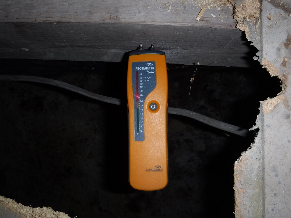Checking joist wood moisture content for an EnerPHit retrofit plan for a 1927 semi-detached house in Manchester